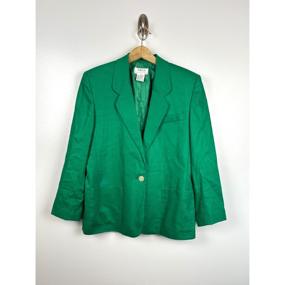 Talbots Petites Blazer 14 Jacket Emerald Kelly Green Linen Career Office Spring - Picture 1 of 4